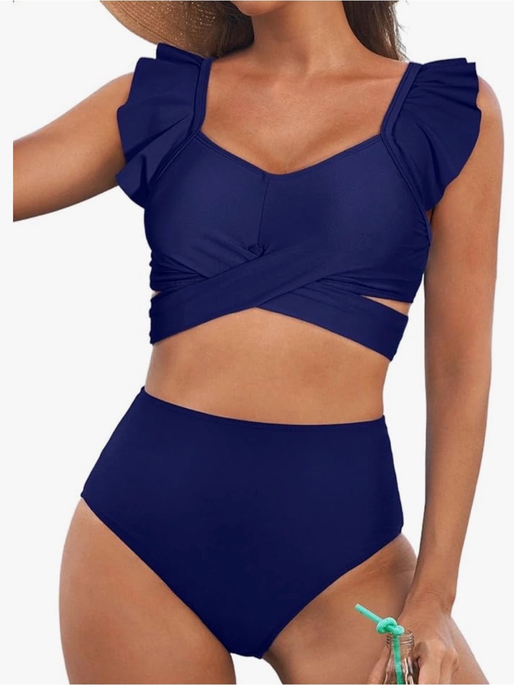 High-Waist Ruffle Strap Bikini Set - Navy, Size XL